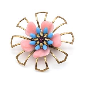 Vintage Flower Brooch Purple Rhinestone Pink & Blue  Plastic Gold Tone Metal